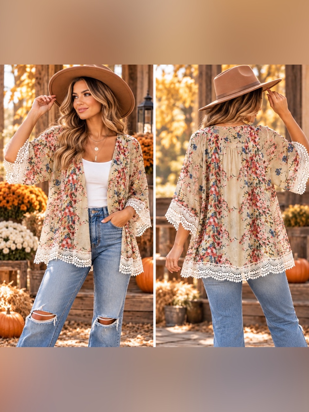 Floral Lace-Trim Kimono Cardigan - Cream